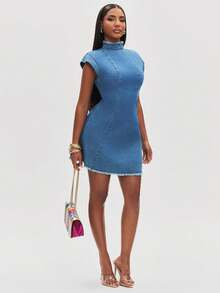 NYA SZN Women's Stand Collar Cap Sleeve Frayed Hem Casual Denim Dress - Medium Wash - View 3