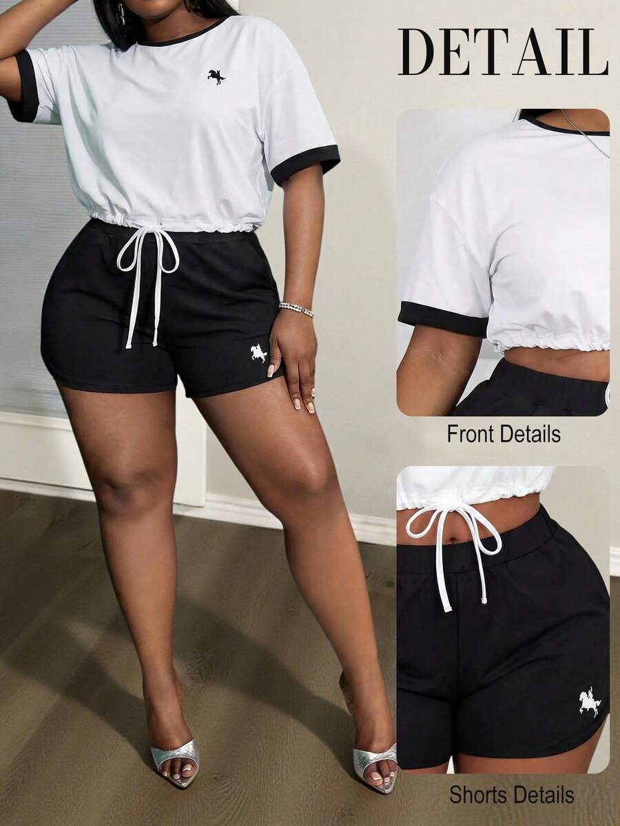 Slaydiva Plus Size Women's Colorblock Trim Drawstring Hem Crew Neck Short Sleeve T-Shirt And Black Pocket Shorts 2-Piece Set