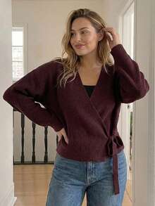 Dazy Plus Brown Casual Asymmetric Placket Lace-Up Design Fun Commute Autumn/Winter Pullover Sweater - Brown - View 2