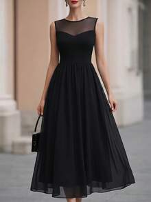 SHEIN Clasi Plus Size Elegant Round Neck Sleeveless A-Line Waist Dress For Women - Black - View 1