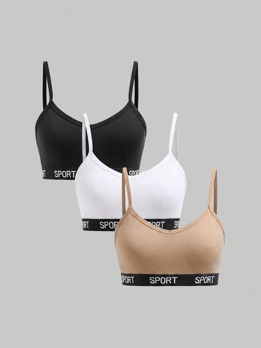 SHEIN Girlism Dozemod 青少年女孩簡約字母彈性帶露背內褲3件組 - 卡其色 - 查看 1