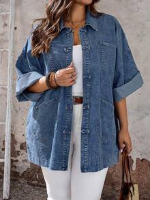 EMERY ROSE EMERY ROSE Plus Size Casual Loose Fit Denim Jacket For Vacation Teacher Outfits For Women - Dark Wash - View 6