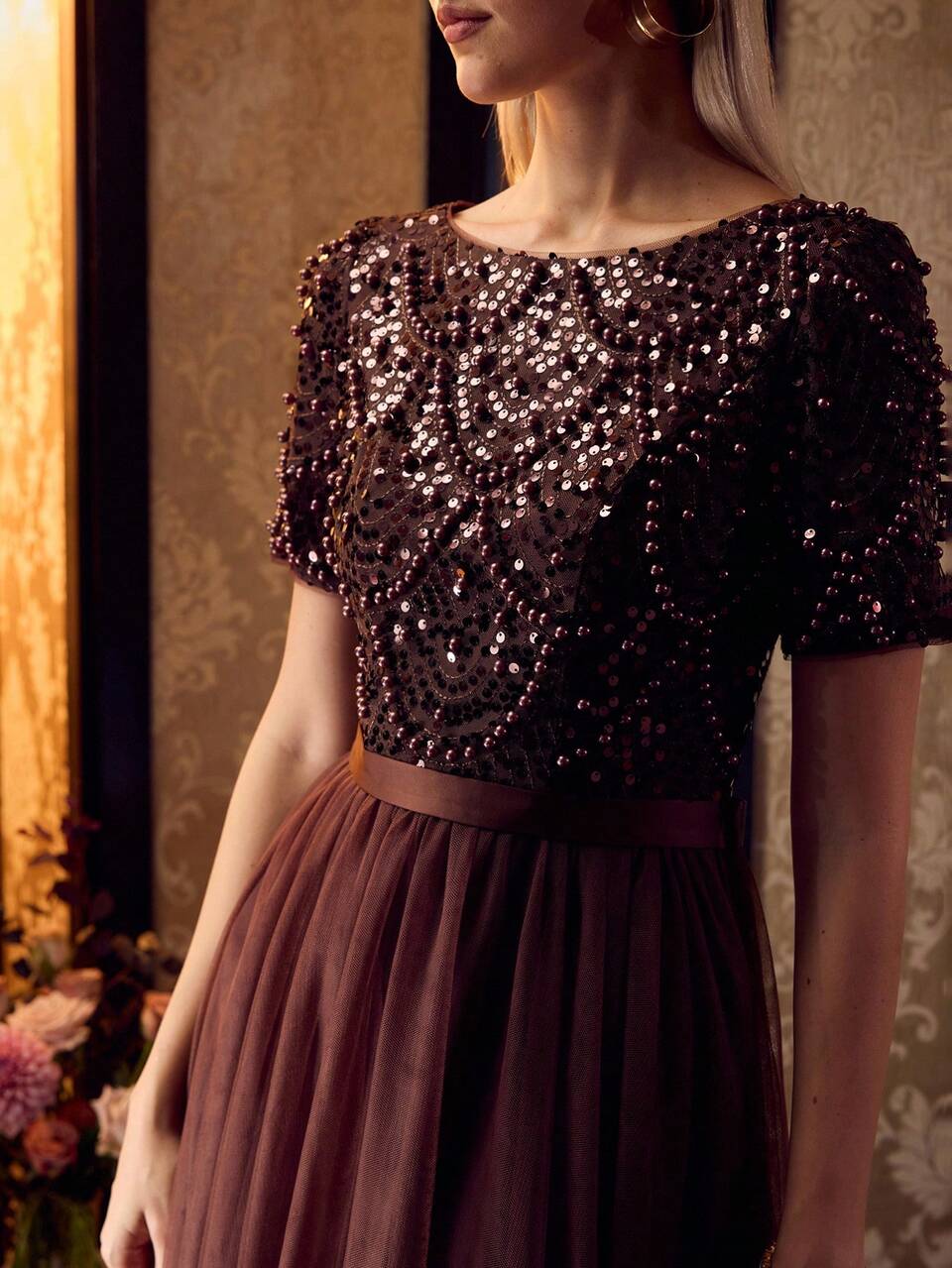 MOTF Soiréza ELEGANT WOMEN'S SHORT SLEEVE BEADED BODICE TULLE MAXI GOWN FOR FORMAL EVENING PARTY