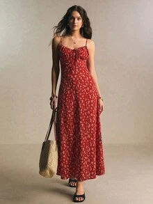 Poéselle Women's All-Over Print Pleated Casual French Romantic Party Vacation Spaghetti Strap Dress Red Floral Summer - Red - View 6