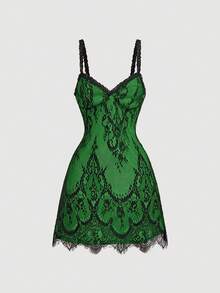 SHEIN MOD 女款蕾絲拼接性感約會派對細肩帶洋裝 - 綠色 - 查看 2