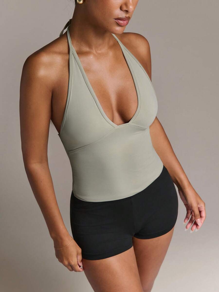 SHEIN BAE Autumn/Winter Grey-Green Halter Tie-Up Tank Top, Simple Casual,Y2K Tops,Sexy Tops,Basic Tops,Green Top,Gym Clothes - Olive Green - View 1