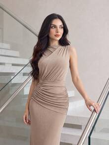 Modelyn Sleeveless High Neck Pleated Versatile Elegant Cocktail Party Dress - Khaki - View 4