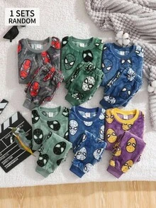 SHEIN 小男孩秋冬圖案印花長袖連帽雙面法蘭絨阻燃家居服2件套 - 彩色 - 查看 6