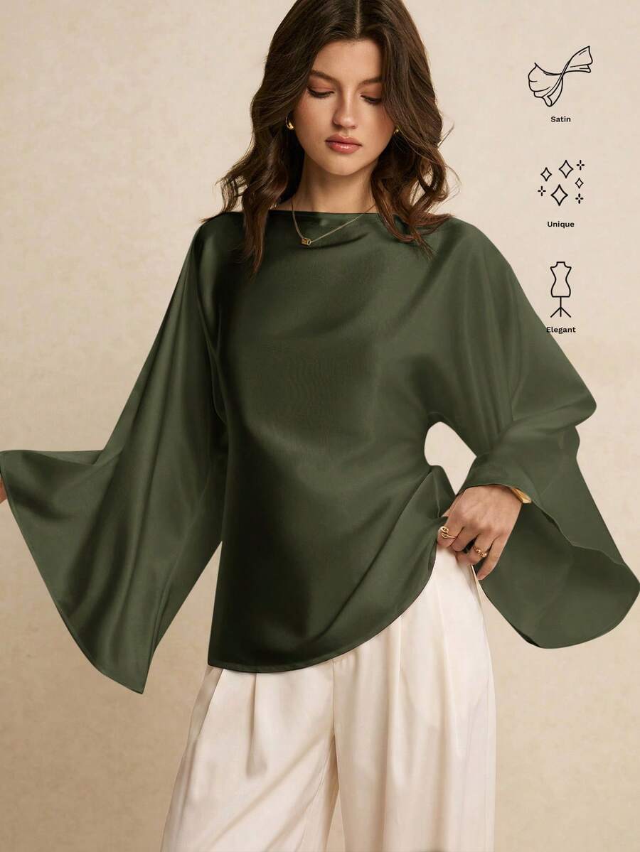 Poéselle 女款純色船領蝙蝠袖長袖優雅襯衫 - 軍綠色 - 查看 1