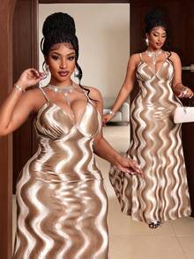 Maweii Women's Plus Size Elegant Khaki Knitted High Elastic Velvet Fabric Wavy Jacquard Spaghetti Strap V-Neck Bodycon Bodycon Mermaid Dress Basic Versatile Dress Elegant Dress Women's Plus Size New Style Party Gathering Night Date Fashion Item Versatile Long Spaghetti Strap Dress - Khaki - View 2