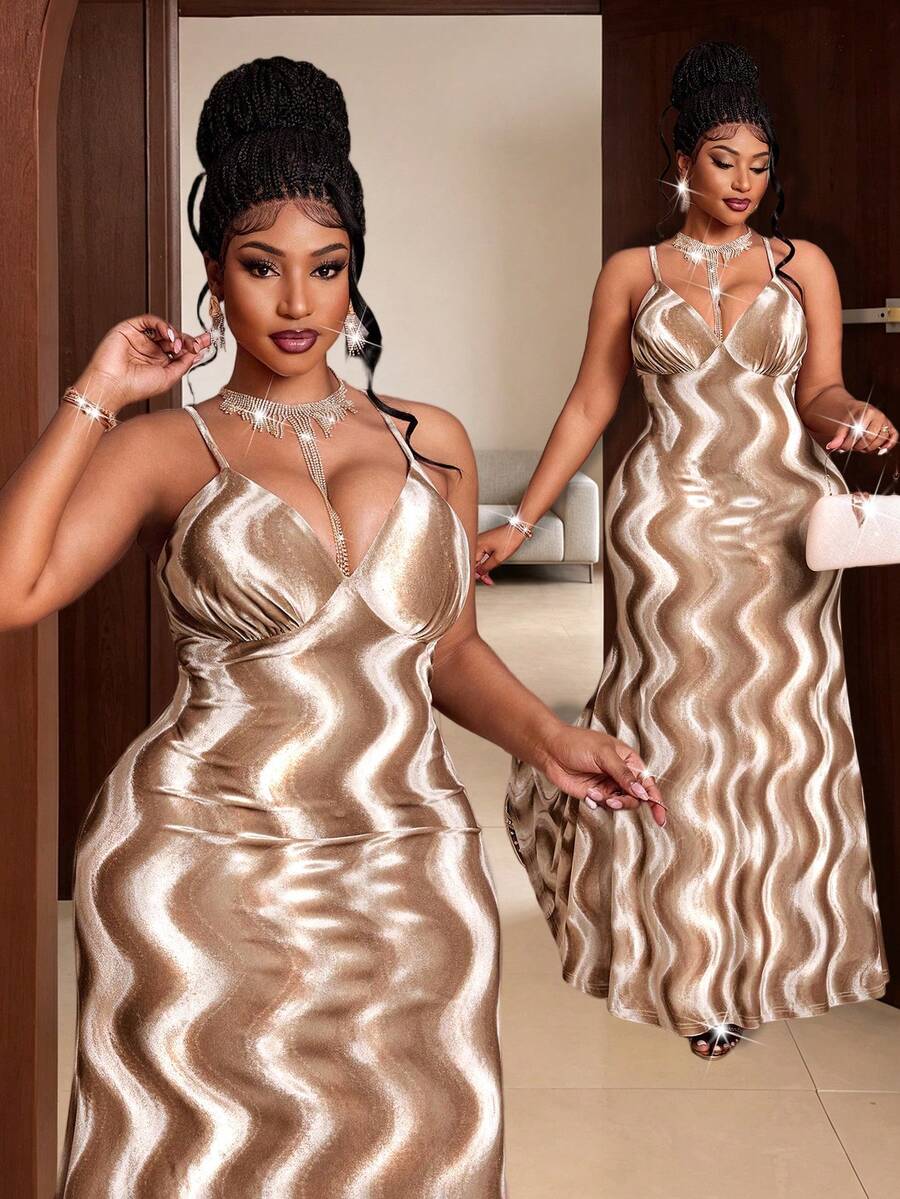 Maweii Women's Plus Size Elegant Khaki Knitted High Elastic Velvet Fabric Wavy Jacquard Spaghetti Strap V-Neck Bodycon Bodycon Mermaid Dress Basic Versatile Dress Elegant Dress Women's Plus Size New Style Party Gathering Night Date Fashion Item Versatile Long Spaghetti Strap Dress