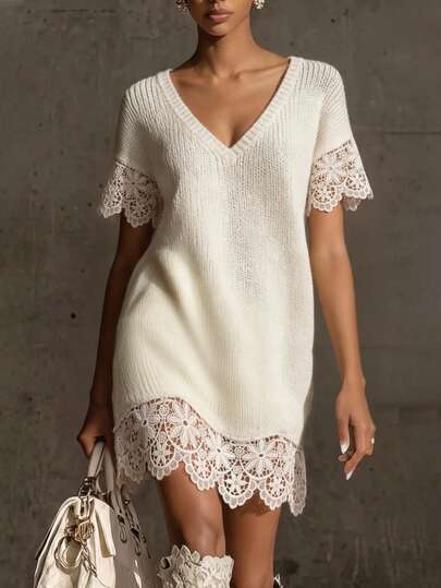 LUMIGAL Women's Solid Color Contrast Lace Short Sleeve V-Neck Knit Dress