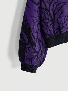 ROMWE Cardigan Ukuran Plus Motif Halloween Gothic Horor Gagak Kelelawar Bulan Kuburan Ranting Tanaman Bagian Depan Terbuka Longgar Bahu Jatuh Warna Kontras - Purple - View 4