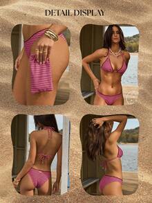 Aralina Set bikini a due pezzi con dettagli floreali rosa e bordi western, adatto per vacanze estive in spiaggia, con borsa da spiaggia inclusa - Rosa - Visualizzare 10