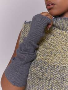 MUSERA Grey Ribbed Knit Arm Warmers Gloves Festival Rave Ibiza Clubbing Streetwear Summer Fall Winter - Dark Grey - View 2