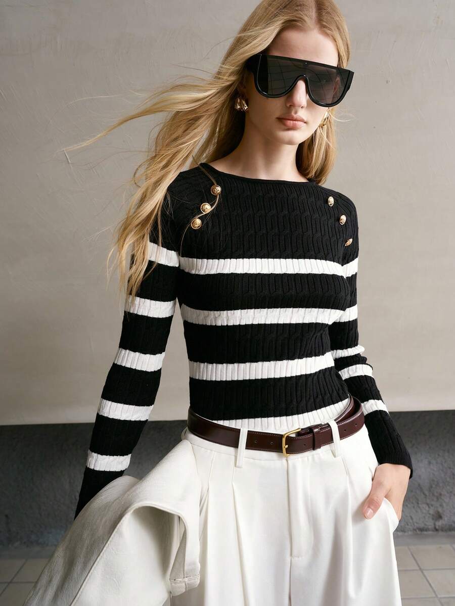 MOTF PREMIUM WOMEN'S STRIPED BUTTON DECOR CABLE KNIT SWEATER - Black and White - View 1