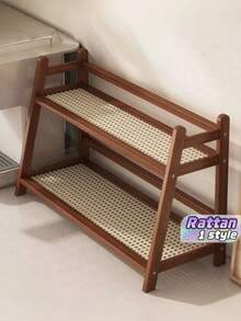 1pc Creative Double-Layer Rattan Desktop Storage Rack, Organization For Cups, Coffee, Snacks, Water Cups, And Figurines - Brown - View 1