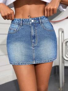 SHEIN PETITE Women's Pocket Bodycon Casual Versatile Denim Skirt - Medium Wash - View 4