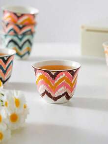 8pcs Bohemian Ikat Diamond & Zigzag Pattern Ceramic Tea Cup Set, Per Color Stackable Hand-Painted Mini Porcelain Mug, Suitable For Coffee, Kung Fu Tea, Home Gift - Multicolor - View 5