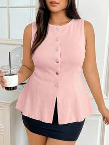 SHEIN EZwear 大尺碼夏季涼感針織灰粉色背心上衣 教師節 辦公室 正式 優雅 商務休閒 - 粉色 - 查看 1