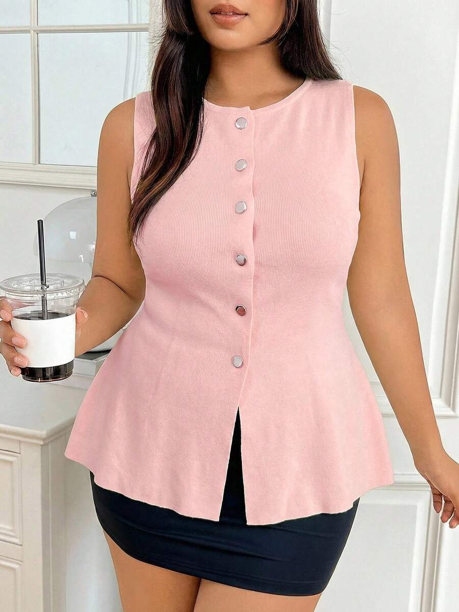 SHEIN EZwear 大尺碼夏季涼感針織灰粉色背心上衣 教師節 辦公室 正式 優雅 商務休閒 - 粉色 - 查看 1