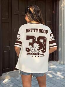 Betty Boop x SHEIN 女款字母印花圓領短袖休閒T恤 - 白色 - 查看 4