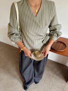 Dazy Plus Fashion Striped V-Neck Asymmetric Placket Tie-Front Long Sleeve Commuter Blouse, Spring/Autumn - Olive Green - View 6