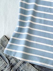 SHEIN Tween Girl Striped Pattern Short Sleeve Slim Fit Crew Neck Button T-Shirt - Baby Blue - View 4