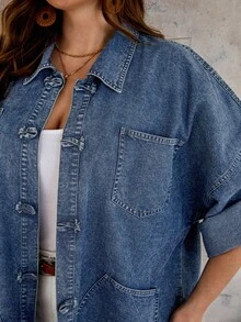EMERY ROSE EMERY ROSE Plus Size Casual Loose Fit Denim Jacket For Vacation Teacher Outfits For Women - Dark Wash - View 7