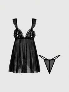 ROMWE Goth Conjunto de lencería sexy de malla transparente gótica oscura con camisón y tanga - Negro - Ver 2