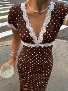Aloruh Women's Autumn/Winter Polka Dot Print Lace Patchwork Extra Long A-Line Dress - Brown - View 11