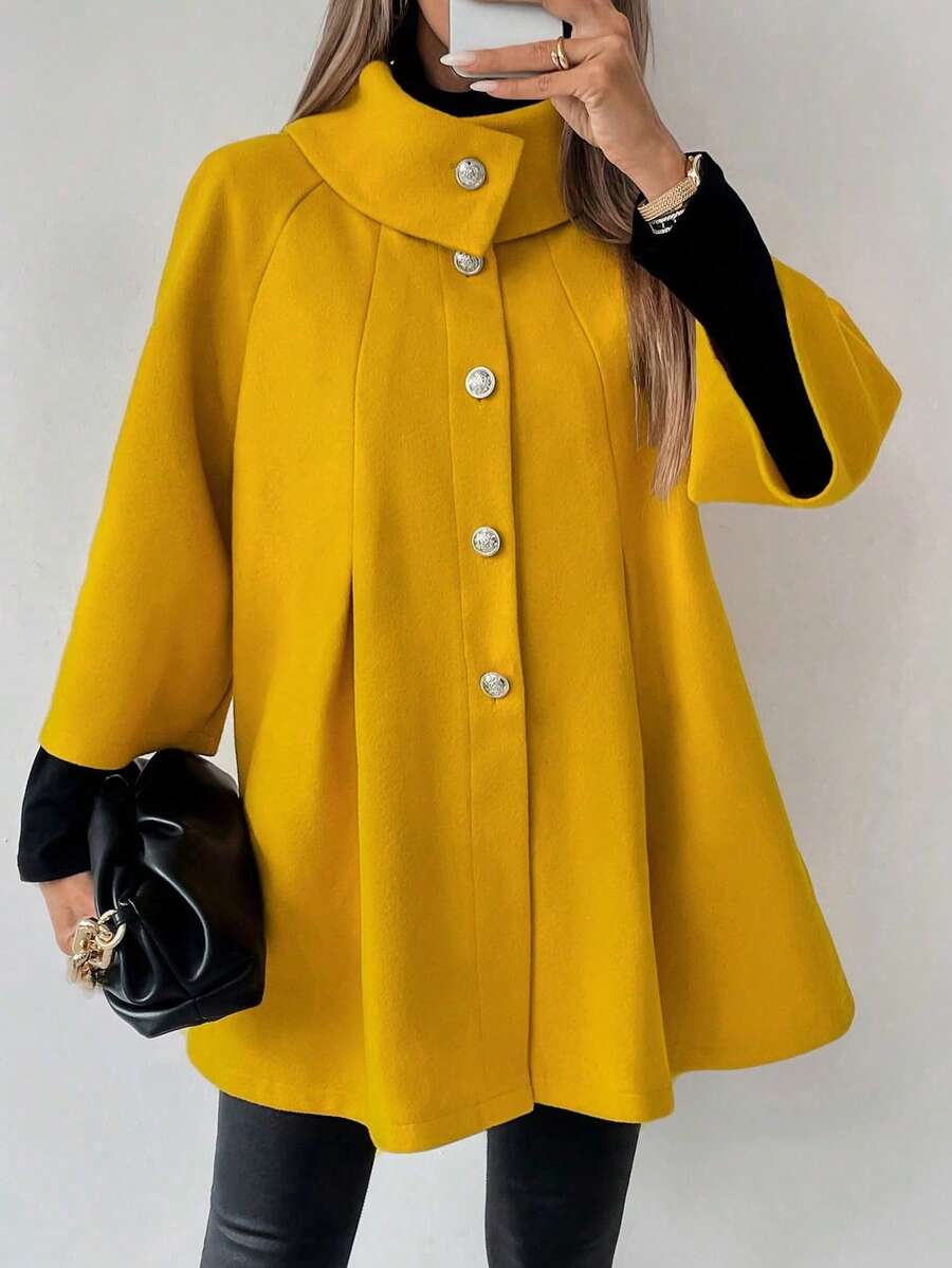 LanaWest Women Plain Color Block Front Button Long Sleeve Casual Jacket - Yellow - View 1