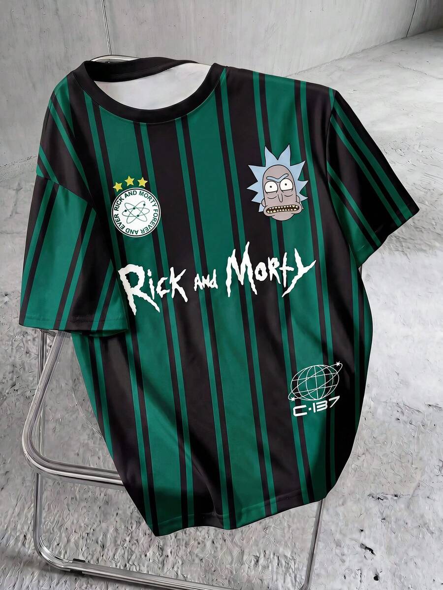 Rick and Morty X SHEIN 男士休闲拼色卡通字母图案圆领短袖 T 恤,夏季 - 白色 - 查看 1