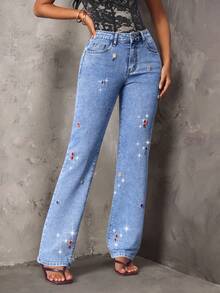 SHEIN SXY Women's Casual Daily Denim Jeans With Pocket, Button And Colorful Rhinestone Decoration - Blue - View 6