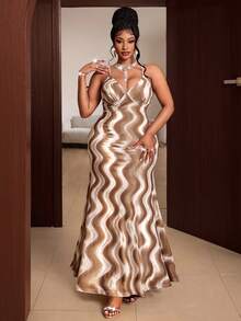 Maweii Women's Plus Size Elegant Khaki Knitted High Elastic Velvet Fabric Wavy Jacquard Spaghetti Strap V-Neck Bodycon Bodycon Mermaid Dress Basic Versatile Dress Elegant Dress Women's Plus Size New Style Party Gathering Night Date Fashion Item Versatile Long Spaghetti Strap Dress - Khaki - View 5