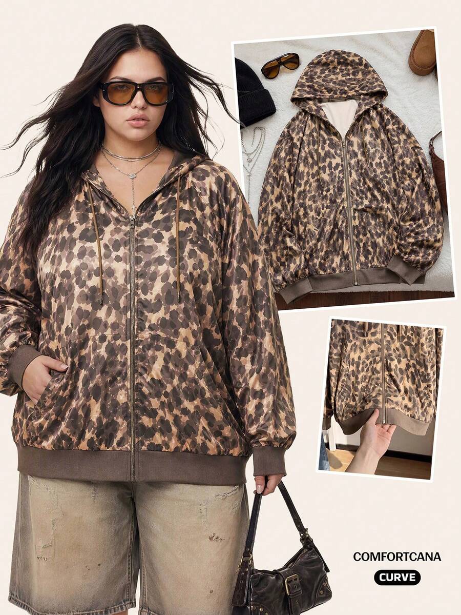 Comfortcana Plus Size Women's Gray Versatile Casual Hooded Long Sleeve Sweatshirt, Suitable For Fall - Brown - View 1