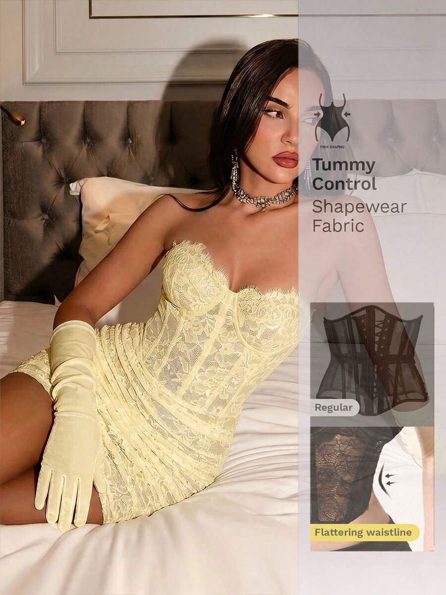 Nuvra 女款優雅性感純色蕾絲抹胸迷你洋裝 - 淡黃色 - 查看 1