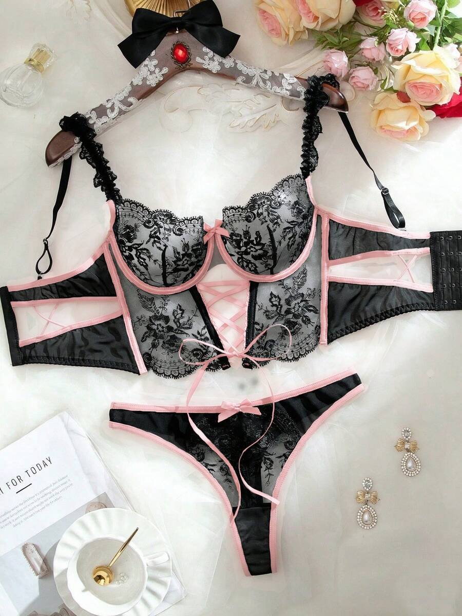 SHEIN Conjunto sexy de 2 piezas con bordado transparente - Negro - Ver 1