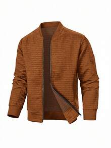 SHEIN Kids Tween Boy Casual Versatile Textured Small Check Baseball Jacket, Suitable For Commuting, School, Daily Casual Outings, Sports, Autumn/Winter - Mocha Brown - View 6