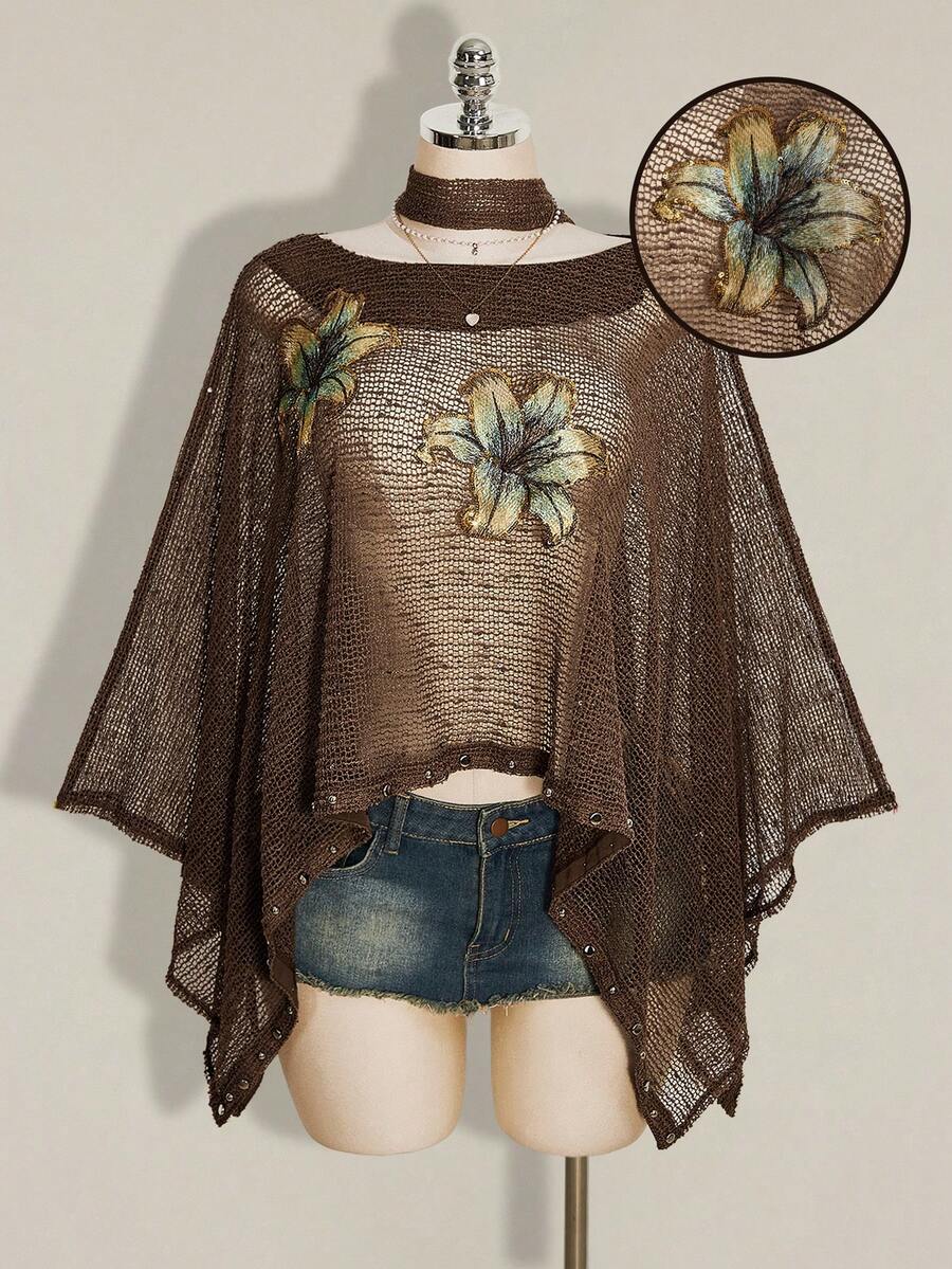 SHEIN ICON 女款度假風性感花卉刺繡棕色鏤空針織上衣 - 棕色 - 查看 1