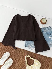 Teen Girls Casual Solid Color Tie-Front Long Sleeve Shirt - Coffee Brown - View 2
