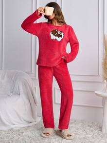 SHEIN Red Fuzzy Plush Sleeping Bear Applique Cozy Winter Homewear Pajama Set - Pink - View 5