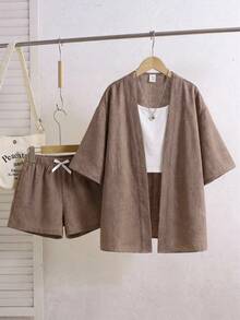SHEIN 兒童3件套：長袖上衣、白色修身細肩帶背心與鬆緊腰短褲，休閒百搭日常學院風，適合前青春期女孩 - 卡其色 - 查看 3