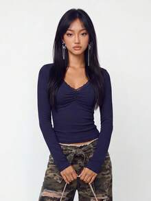 Rina Fox 女士时尚休闲优雅可爱别致条纹蕾丝拼接长袖T恤 - 藍色 - 查看 3