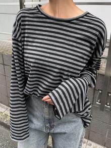 Dazy Tall Women's Round Neck Long Sleeve Loose Striped Street Casual T-Shirt Cute Tops - Grey - View 10