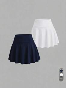 Sweetra Women's Solid Color Casual Versatile Daily Travel Sports Skorts 2pcs Set - Blue and White - View 5