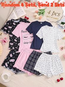SHEIN 青少年女孩 2件組 春夏新款可愛印花圓領T恤與短褲家居服套裝，舒適休閒睡衣 - 彩色 - 查看 1