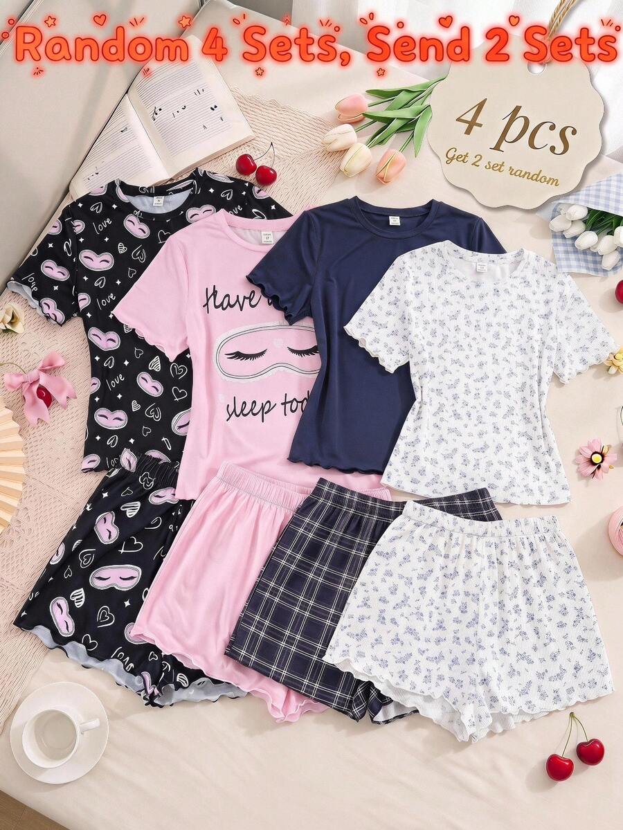 SHEIN 青少年女孩 2件組 春夏新款可愛印花圓領T恤與短褲家居服套裝,舒適休閒睡衣 - 彩色 - 查看 1