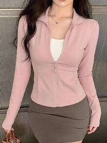 DAZY 女款粉色棉質休閒開襟衫，春季健身夾克，標準版型 - 粉色 - 查看 8