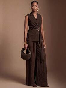 Zivah Elegant & Sophisticated Women's Autumn/Winter 2 Pieces Suit Set, Suitable For Office Wear: Metal Decor Sleeveless Blazer + Wide Leg Pants, Dark Brown - Brown - View 5